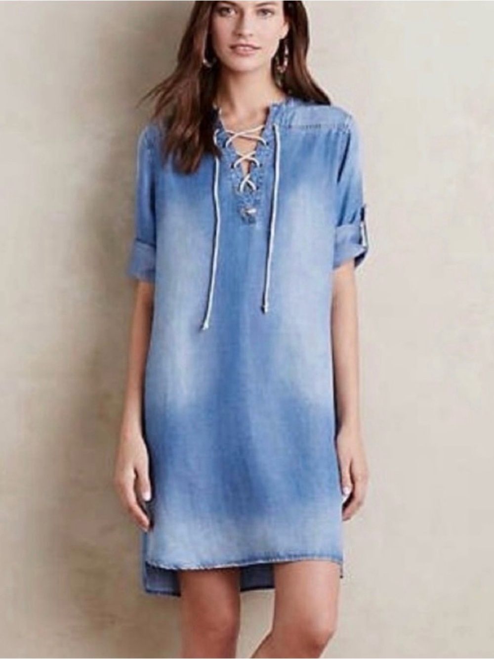 Cloth & Stone Xander Chambray Lace Up Tunic Dress Tencel Blue Small